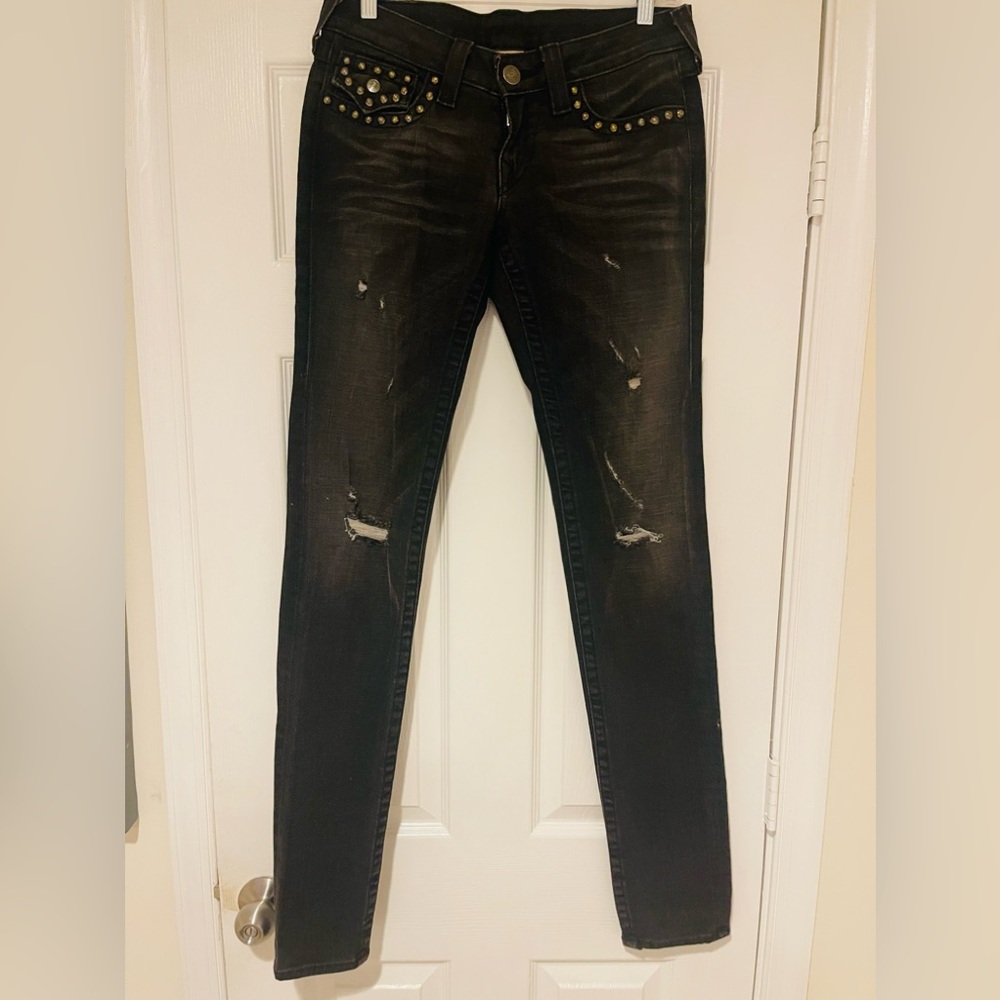 Women’s Y2K True Religion Julie Studded Distressed Black Skinny Jeans Size 28